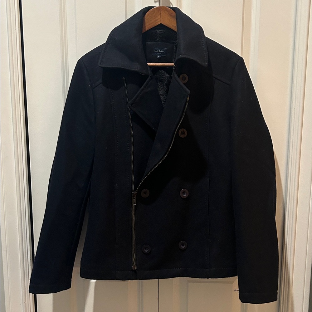 Paul Smith Jeans Black Wool Blend Pea Coat Jacket Size L Tailored Zip Button